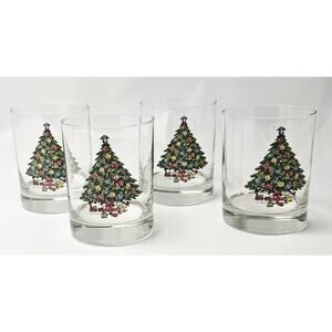 Vtg Set Of 4 Sarin 14oz Double Old-Fashioned Christmas Glasses Holiday Barware